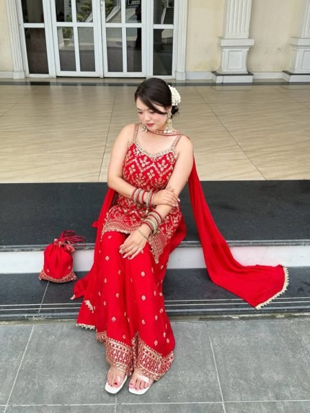 Red Faux Georgette Palazzo Suit with Embroidery Dupatta and Potli Premium Party Outfit for Women Ready To Wear Collection