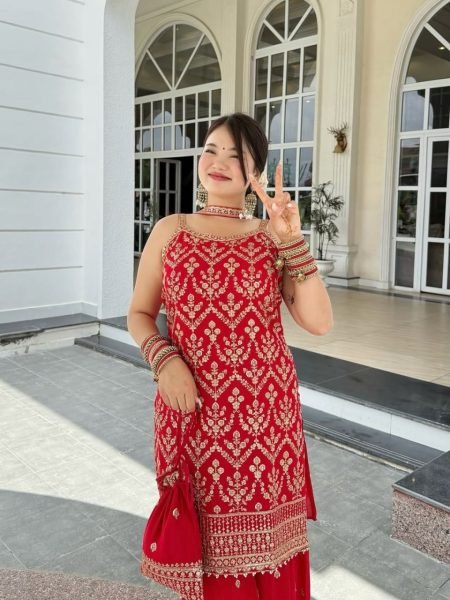 Red Faux Georgette Palazzo Suit with Embroidery Dupatta and Potli Premium Party Outfit for Women Ready To Wear Collection