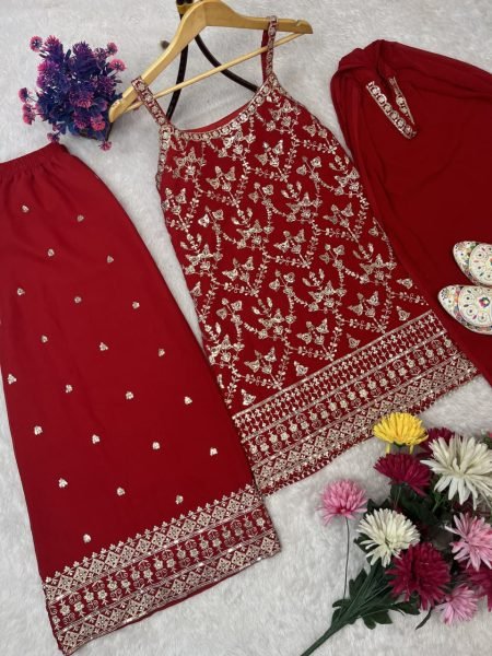 Red Faux Georgette Palazzo Suit with Embroidery Dupatta and Potli Premium Party Outfit for Women Ready To Wear Collection