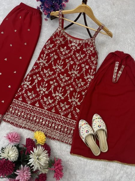 Red Faux Georgette Palazzo Suit with Embroidery Dupatta and Potli Premium Party Outfit for Women Ready To Wear Collection