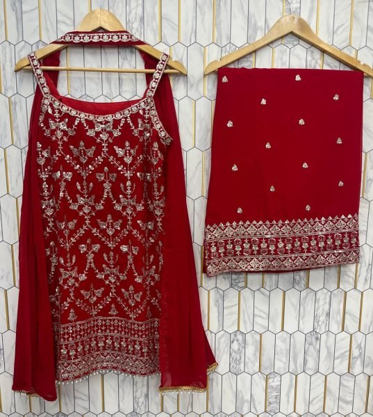 Red Faux Georgette Palazzo Suit with Embroidery Dupatta and Potli Premium Party Outfit for Women Ready To Wear Collection