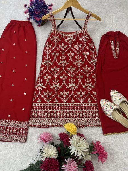 Red Faux Georgette Palazzo Suit with Embroidery Dupatta and Potli Premium Party Outfit for Women Ready To Wear Collection