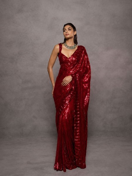 Red Faux Georgette Saree with Heavy Sequins Embroidery Work and Designer Blouse Sarees 