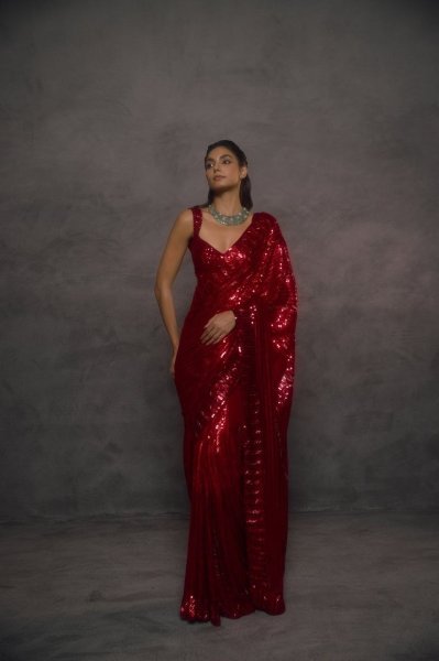Red Faux Georgette Saree with Heavy Sequins Embroidery Work and Designer Blouse Bollywood Fancy Sarees Wholesale