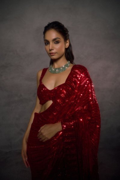 Red Faux Georgette Saree with Heavy Sequins Embroidery Work and Designer Blouse Bollywood Fancy Sarees Wholesale