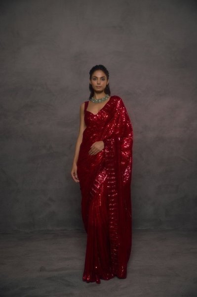 Red Faux Georgette Saree with Heavy Sequins Embroidery Work and Designer Blouse Bollywood Fancy Sarees Wholesale