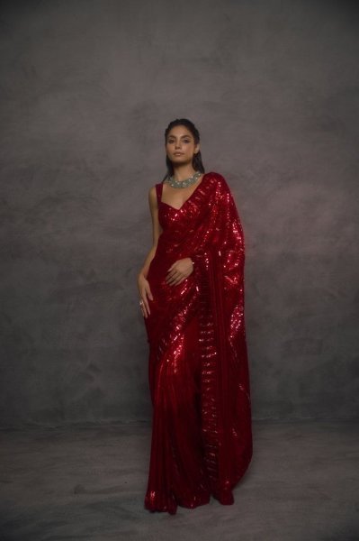 Red Faux Georgette Saree with Heavy Sequins Embroidery Work and Designer Blouse Bollywood Fancy Sarees Wholesale