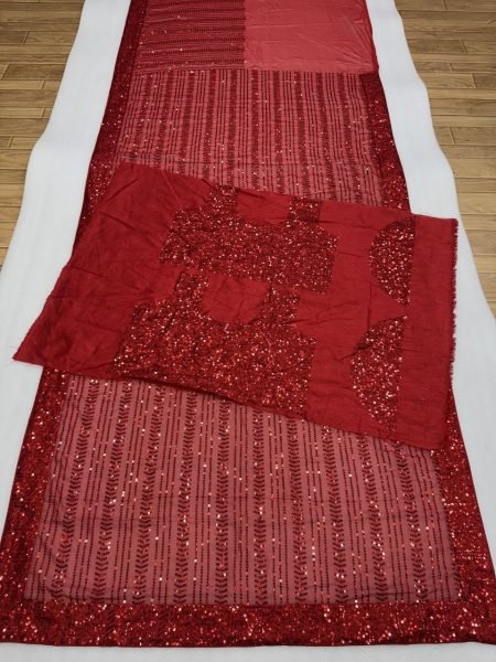 Red Faux Georgette Saree with Heavy Sequins Embroidery Work and Designer Blouse Bollywood Fancy Sarees Wholesale