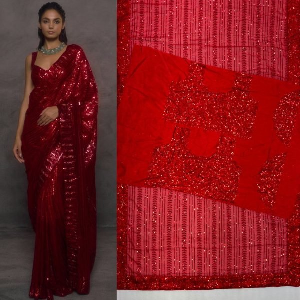 Red Faux Georgette Saree with Heavy Sequins Embroidery Work and Designer Blouse Bollywood Fancy Sarees Wholesale
