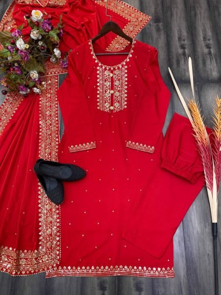 Red Festival Wear Salwar Suit With Beautiful Embroidery and Pant 3 Piece Kurti Set