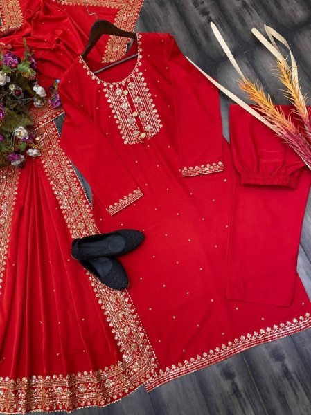 Red Festival Wear Salwar Suit With Beautiful Embroidery and Pant 3 Piece Kurti Set