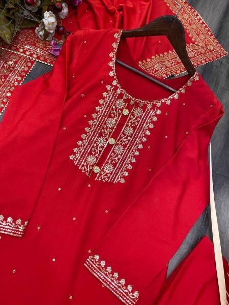 Red Festival Wear Salwar Suit With Beautiful Embroidery and Pant 3 Piece Kurti Set