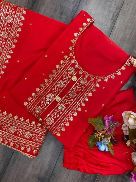 Red Festival Wear Salwar Suit With Beautiful Embroidery and Pant 3 Piece Kurti Set