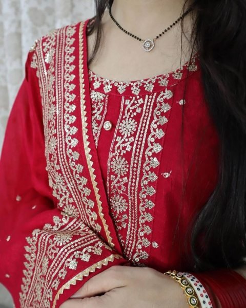 Red Festival Wear Salwar Suit With Beautiful Embroidery and Pant 3 Piece Kurti Set