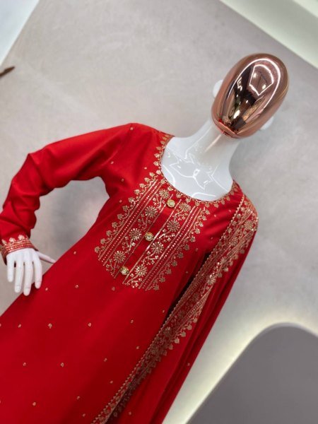 Red Festival Wear Salwar Suit With Beautiful Embroidery and Pant 3 Piece Kurti Set