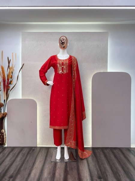 Red Festival Wear Salwar Suit With Beautiful Embroidery and Pant 3 Piece Kurti Set