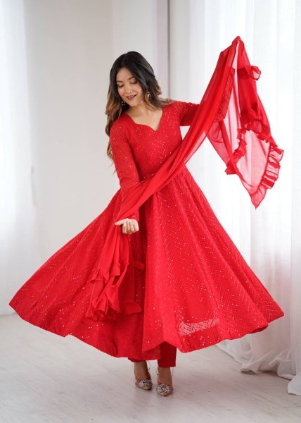 Red Fox Georgette 4 Mtr Flair Anarkali Suit with Pant and Dupatta Export Collection Diwali Collection