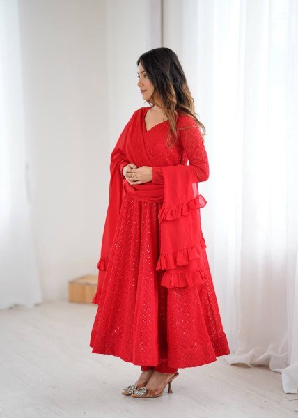 Red Fox Georgette 4 Mtr Flair Anarkali Suit with Pant and Dupatta Export Collection Diwali Collection
