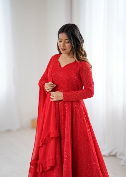 Red Fox Georgette 4 Mtr Flair Anarkali Suit with Pant and Dupatta Export Collection Diwali Collection