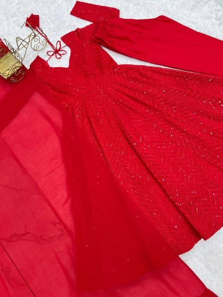 Red Fox Georgette 4 Mtr Flair Anarkali Suit with Pant and Dupatta Export Collection Diwali Collection