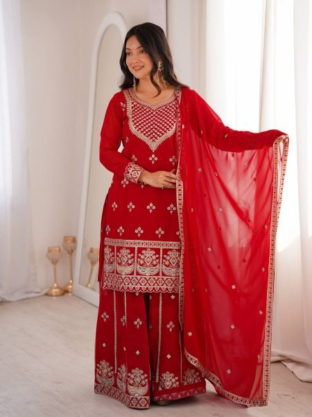Red Fox Georgette Embroidered Top Sequence Work Sharara with Heavy Embroidery Dupatta Stock Ready Ready To Wear Suit