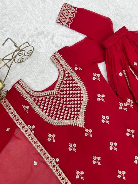Red Fox Georgette Embroidered Top Sequence Work Sharara with Heavy Embroidery Dupatta Stock Ready Ready To Wear Collection