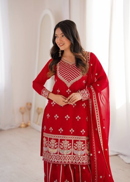 Red Fox Georgette Embroidered Top Sequence Work Sharara with Heavy Embroidery Dupatta Stock Ready Ready To Wear Collection