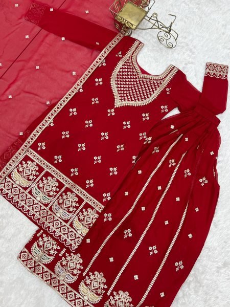 Red Fox Georgette Embroidered Top Sequence Work Sharara with Heavy Embroidery Dupatta Stock Ready Ready To Wear Collection