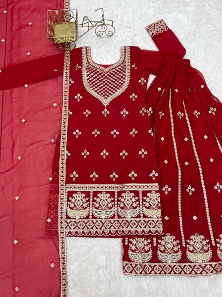 Red Fox Georgette Embroidered Top Sequence Work Sharara with Heavy Embroidery Dupatta Stock Ready Ready To Wear Collection