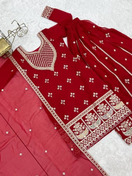 Red Fox Georgette Embroidered Top Sequence Work Sharara with Heavy Embroidery Dupatta Stock Ready Ready To Wear Collection