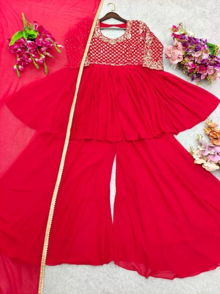 Red Fox Georgette Kediya Sharara Set with Sequins Work and Dupatta Wedding Look Ready To Wear Collection