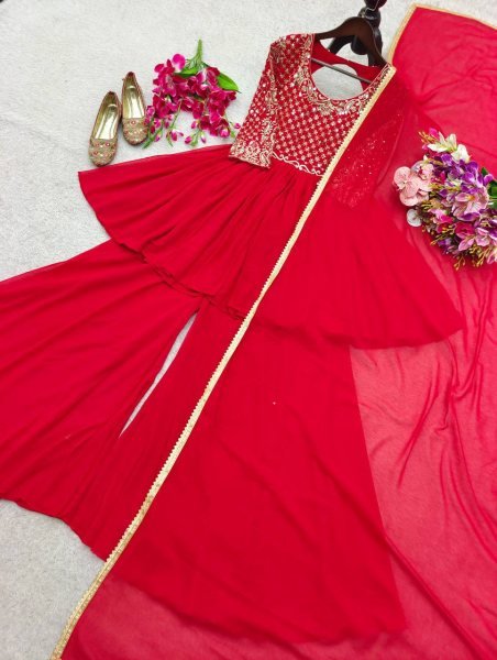 Red Fox Georgette Kediya Sharara Set with Sequins Work and Dupatta Wedding Look Ready To Wear Collection