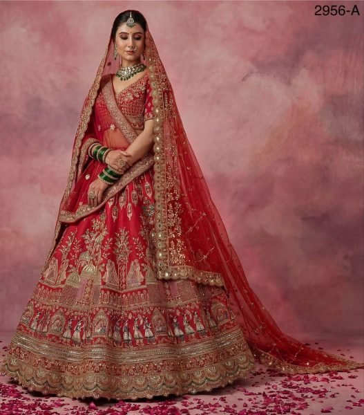 Red Gadhwal Silk Bridal Lehenga Choli Embroidery With Baraat Patten  And Double Dupatta  Bridal Lehenga Choli