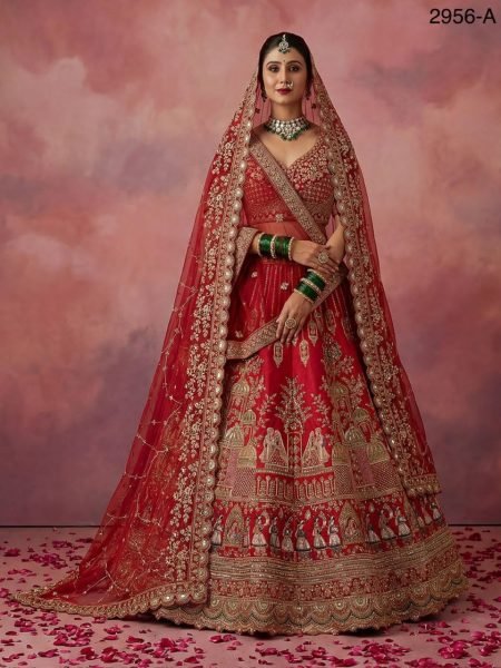 Red Gadhwal Silk Bridal Lehenga Choli Embroidery With Baraat Patten  And Double Dupatta  Bridal Lehenga Choli