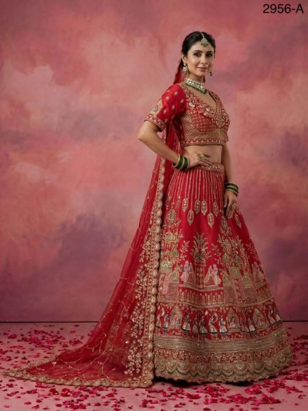 Red Gadhwal Silk Bridal Lehenga Choli Embroidery With Baraat Patten  And Double Dupatta  Bridal Lehenga Choli
