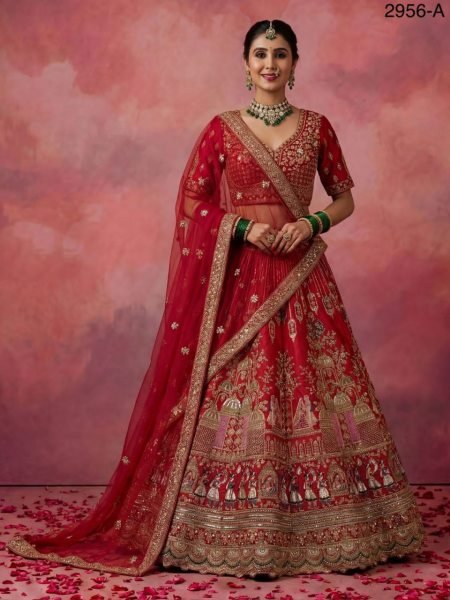 Red Gadhwal Silk Bridal Lehenga Choli Embroidery With Baraat Patten  And Double Dupatta  Bridal Lehenga Choli