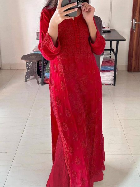 Red Georgette Embroidery Kurti Pant Set with Dupatta Designer Ethnic Wear Suit Lucknowi Chikankari Kurtis Wholesale