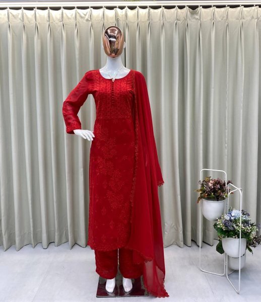 Red Georgette Embroidery Kurti Pant Set with Dupatta Designer Ethnic Wear Suit Lucknowi Chikankari Kurtis Wholesale