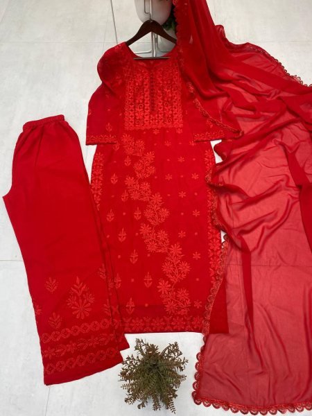 Red Georgette Embroidery Kurti Pant Set with Dupatta Designer Ethnic Wear Suit Lucknowi Chikankari Kurtis Wholesale