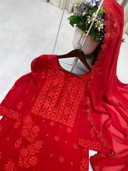 Red Georgette Embroidery Kurti Pant Set with Dupatta Designer Ethnic Wear Suit Lucknowi Chikankari Kurtis Wholesale