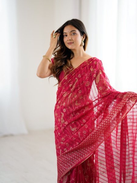 Red Georgette Foil Work Saree with Lace Detailing Lightweight Partywear Look Sarees 