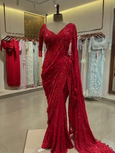 Red Georgette Hand Embroidered Saree for Girls Farewell By Menufechar Bollywood Fancy Sarees Wholesale