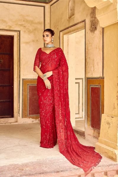 Red Georgette Hand Embroidered Saree for Girls Farewell By Menufechar Bollywood Fancy Sarees Wholesale