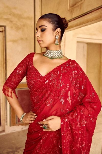 Red Georgette Hand Embroidered Saree for Girls Farewell By Menufechar Bollywood Fancy Sarees Wholesale