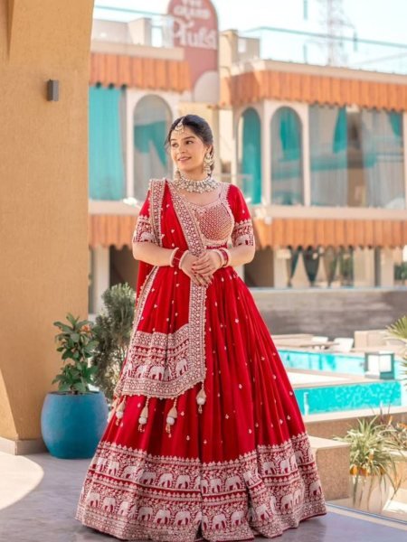 Red Georgette Lehenga Choli with Zari & Sequin Embroidery Ready to Wear Bridal Glam  Lehenga