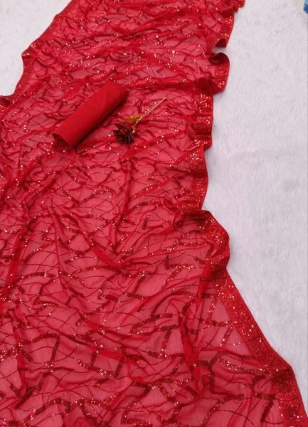 Red Georgette Sequence Saree With Lace Work Partywear Blouse Piece Georgette Sarees Wholesale