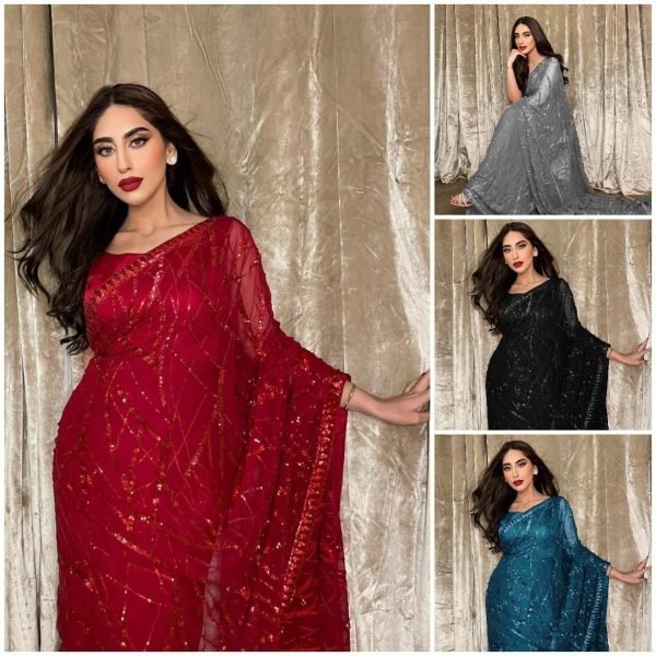 Red Georgette Sequence Saree With Lace Work Partywear Blouse Piece Georgette Sarees Wholesale