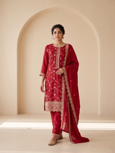 Red Heavy Blooming Chinon Silk Embroidered Top Bottom Dupatta Set at Wholesale Rate Salwar Kameez