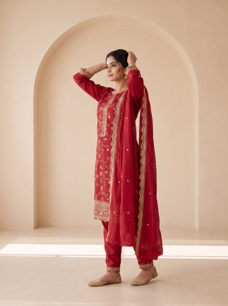 Red Heavy Blooming Chinon Silk Embroidered Top Bottom Dupatta Set at Wholesale Rate Embroidery Suits Wholesale
