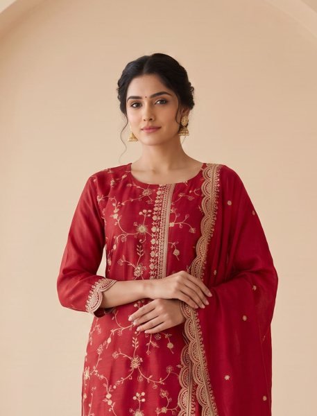 Red Heavy Blooming Chinon Silk Embroidered Top Bottom Dupatta Set at Wholesale Rate Embroidery Suits Wholesale